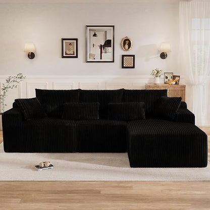 110" L Shaped Cloud Boneless Sectional Couches for Living Room, Modern Comfy Modular Deep Seat Memory Foam Compressed Corduroy Sofa Oversized Right Facing Chaise, No Assembly Required, Balck