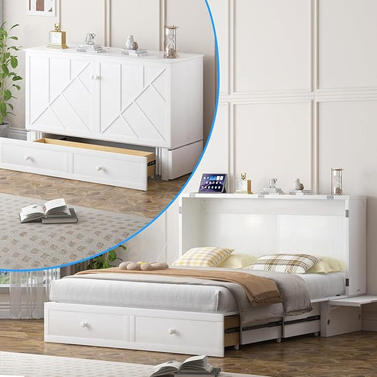 PUREMIND Murphy Bed Queen with Mattress Included, Hideaway Wallbed Cabinet Bed with 2 Storage Drawers, USB Charging Ports & Headboard, Space-Saving Chest Beds for Home, Guest Room, White