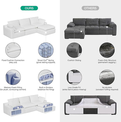 Novilla 133.8" Modular Cloud Couch, Modern Sectional Sofa with Smarts Coil® Support, Chenille Fabric, Upholstered Couch for Living Room Apartments Bedroom, No Assembly, 6 Seater, White