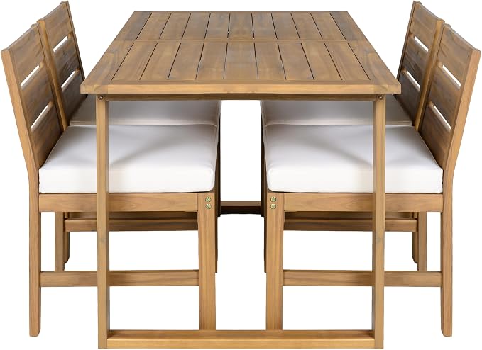 Quarte Premium 4-Piece Farmhouse Outdoor Dining Set in Solid Acacia Wood with Comfort Cushions and Adjustable Legs for Patio, Garden, Backyard (Beige+Natural5)