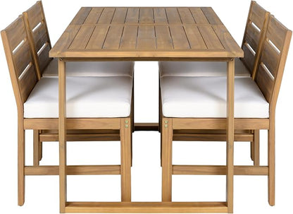 Quarte Premium 4-Piece Farmhouse Outdoor Dining Set in Solid Acacia Wood with Comfort Cushions and Adjustable Legs for Patio, Garden, Backyard (Beige+Natural5)