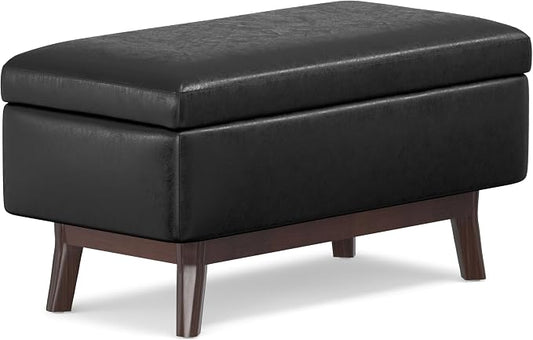 SIMPLIHOME Owen Small Rectangular Storage Ottoman - 36 inch Wide Upholstered Vegan Leather Lift-Top Ottoman in Distressed Black, Mid-Century Modern Ottoman for Living Room with Tufted Detail