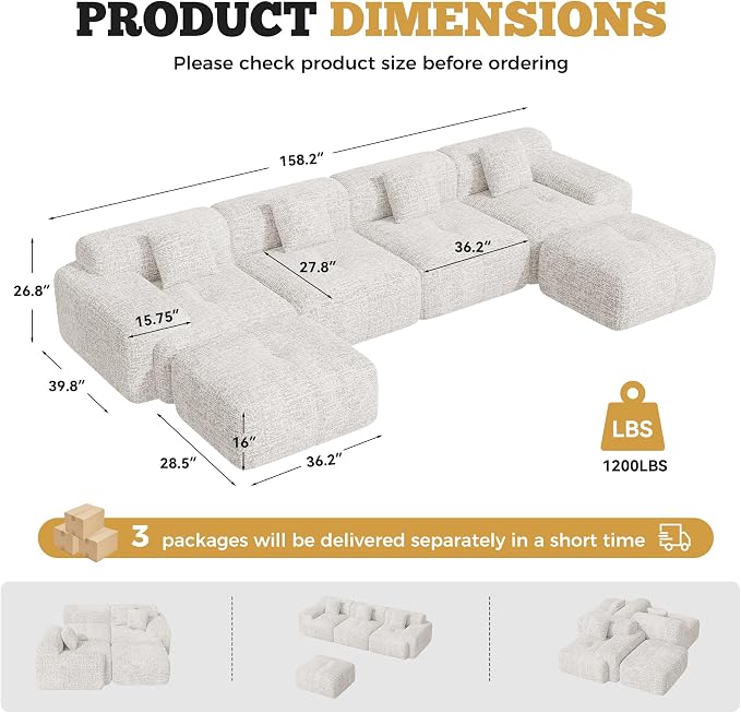 158" U Shaped Boneless Couches for Living Room, 6 Seater Modern Chenille Cloud Couch, Convertible Modular Sectional Sofa Set, No Assembly Required, Beige 1 PCS
