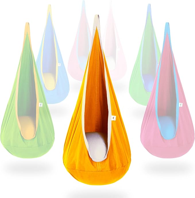 OUTREE Kids Pod Swing Seat, Cotton Child Hammock Swing Chair, Sensory Swing for Indoor and Outdoor Use, Yellow and White