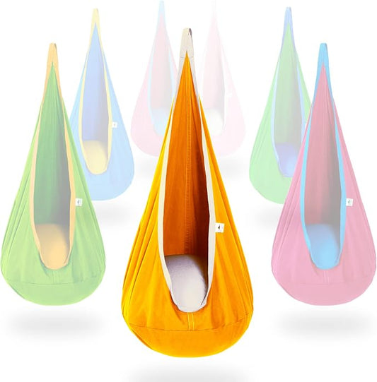 OUTREE Kids Pod Swing Seat, Cotton Child Hammock Swing Chair, Sensory Swing for Indoor and Outdoor Use, Yellow and White