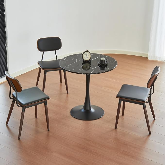 Round Dining Table, 24" Circle Tulip Table with Thickened Tabletop & Metal Pedestal, Mid Century Modern Bistro Table for Kitchen, Small Places, Living Room, Cafe (Faux Marble Black)