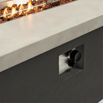 60" Outdoor Propane Fire Pit Table, Rectangular Concrete Gas Fire Pit with 60,000 BTU Heating, Hidden Tank Storage, Electronic Ignition, Lava Rocks & Cover for Patio Backyard Deck Garden, Light Grey