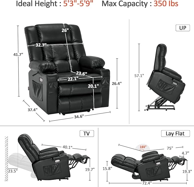 MCombo Dual Motor Power Lift Recliner Chair for Elderly, Lay Flat Lift Chair with Heat and Massage, Cup Holders, USB Ports, Faux Leather 7890 (Black, Medium)