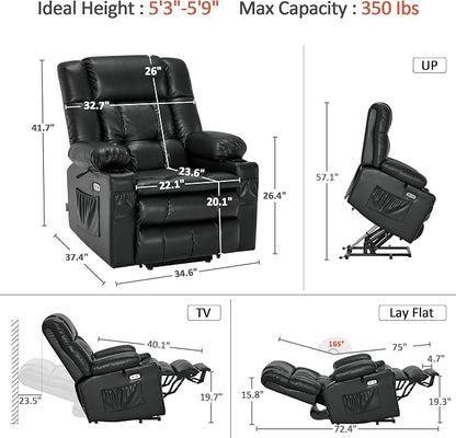 MCombo Dual Motor Power Lift Recliner Chair for Elderly, Lay Flat Lift Chair with Heat and Massage, Cup Holders, USB Ports, Faux Leather 7890 (Black, Medium)