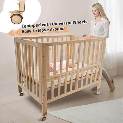 Flwrgirl Folding Wood Bedside Bassinet - Portable 4-in-1 Baby Bassinet with Breathable Mattress,3 Heights Baby Crib with Wheels,Mini Crib for Infant Newborn and Small Space,Unpainted