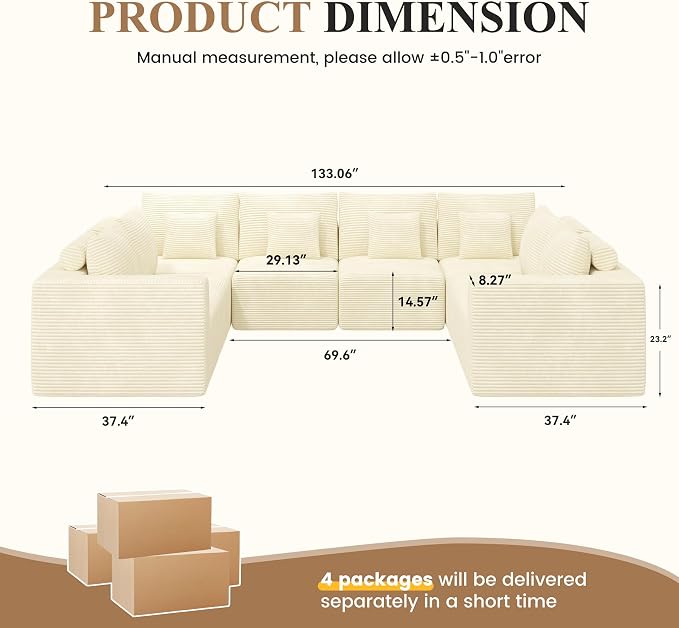 Modern U Shaped Modular Sectional Sofa, Convertible Oversized Cloud Couches for Living Room, Comfy 8 Seater Corduroy Boneless Couch Sofa Set, No Assembly Required, Beige 1 PCS