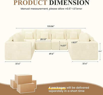 Modern U Shaped Modular Sectional Sofa, Convertible Oversized Cloud Couches for Living Room, Comfy 8 Seater Corduroy Boneless Couch Sofa Set, No Assembly Required, Beige 1 PCS