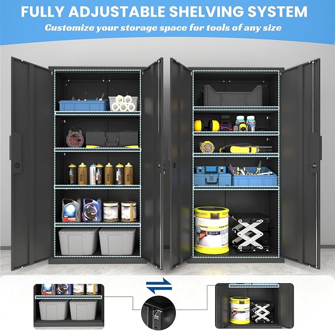 Tall Steel Garage Storage Cabinet with Lock - 72" H Heavy Duty Metal Storage Locker with 4 Adjustable Shelves for Home, Office, Black