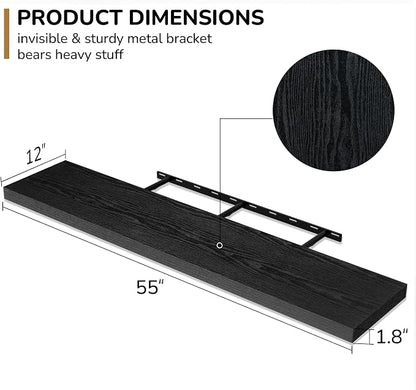 Fun Memories Floating Shelves - 12 Inch Rustic Wooden Wall Shelves - Extra Deeper & Thicker Wall Mounted Storage Shelf for Living Room, Kitchen, Farmhouse - 55" W x 12" D x 1.8" H - Rustic Black