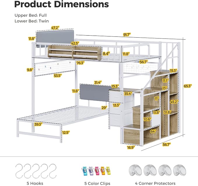 Kikihouse Full Over Twin Loft Bunk Bed with Desk, Stairs, Drawers & Storage Shelves, L-Shaped Metal Bunk Bed with Charging Station & LED Light for Kids, Teens, Adults (Full Over Twin)