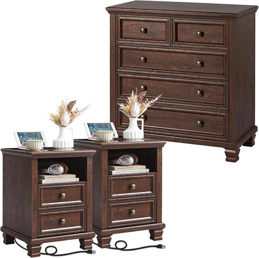 SAVOR LIFE Farmhouse Dresser and Nightstand Sets of 3, 5 Drawer Dresser & 2 Drawer Nightstand, Rustic Brown Bedroom Furniture Set for Home, Bedroom, Hallway, Walnut