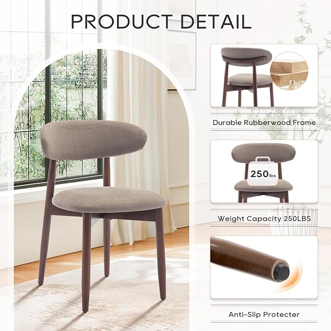 COLAMY Wooden Dining Chairs Set of 6, Modern Fabric Upholstered Kitchen Side Chairs, Farmhouse Dining Room Chair with Foot Pegs, Camel