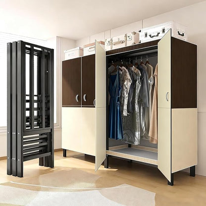 Heavy Duty Clothes Rack with Cover & Magnetic Doors, 1500lb Portable Wardrobe Closet - Foldable Garment Rack for Bedroom, Large Storage for Hanginng Dresses Jackets (Brown, 70.8IN)