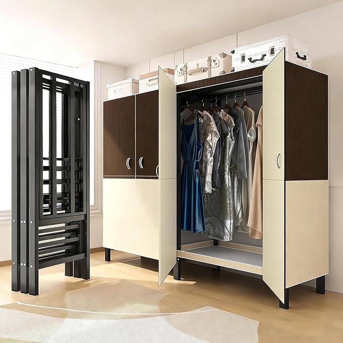 Heavy Duty Clothes Rack with Cover & Magnetic Doors, 1500lb Portable Wardrobe Closet - Foldable Garment Rack for Bedroom, Large Storage for Hanginng Dresses Jackets (Brown, 49.2IN)