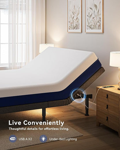 Queen Size Adjustable Bed Frame with Massage & Zero Gravity - Electric Bed Frame with Remote, USB Charging, LED Night Light, 7.5-12.5" Adjustable Height, 900LBS Capacity, Quiet Motor