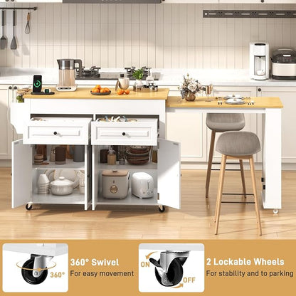 80"-48" Extendable Kitchen Island with Extended Dining Table and Power Outlet,Large Mobile Kitchen Storage Islands with 2 Storage Drawers,Rolling Islands Cart with 3 Extra Rows Open Shelves(White)