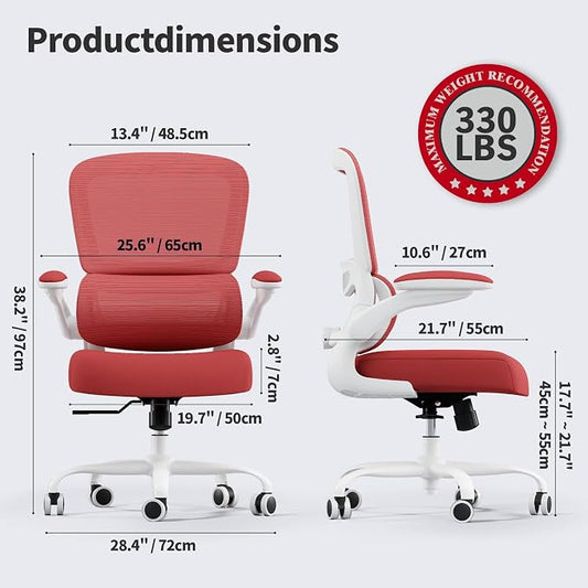 TRALT Office Chair - Ergonomic Desk Chair with Adjustable Lumbar Support, Mesh Computer Chair, Executive Chairs for Home Office Comfortable Lumbar Support (White Red)