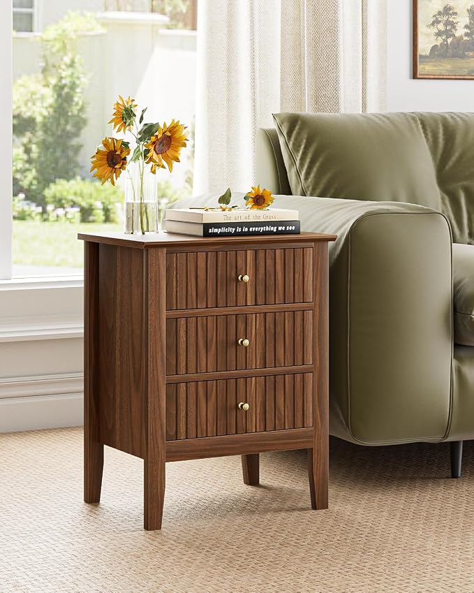 Nightstand Vintage, Fluted Night Stand Tall Farmhouse Beside Table with 3 Drawers, Mid Century Modern Side Accent Table,Bedside End Table for Bedroom, Walnut