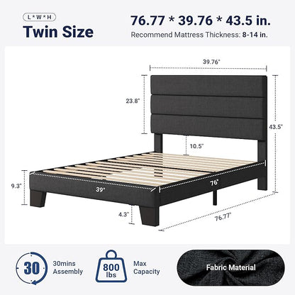 Allewie Twin Size Platform Bed Frame with Fabric Upholstered Headboard and Wooden Slats Support, Fully Upholstered Mattress Foundation/No Box Spring Needed/Easy Assembly, Dark Grey