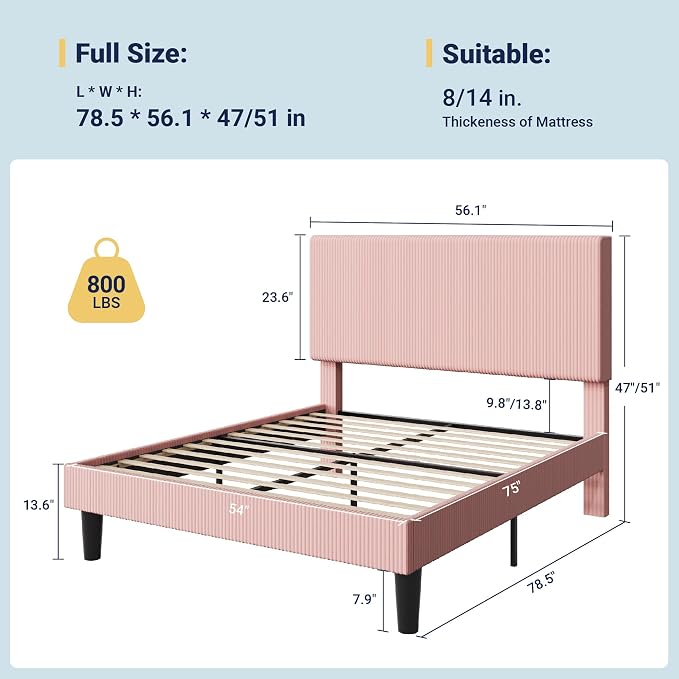 Allewie Full Size Upholstered Bed Frame with Vertical Channel Tufted Headboard, Soft Corduroy Fabric Platform Bed, Strong Wooden Slats Support, Easy Assembly, No Box Spring Needed, Light Pink