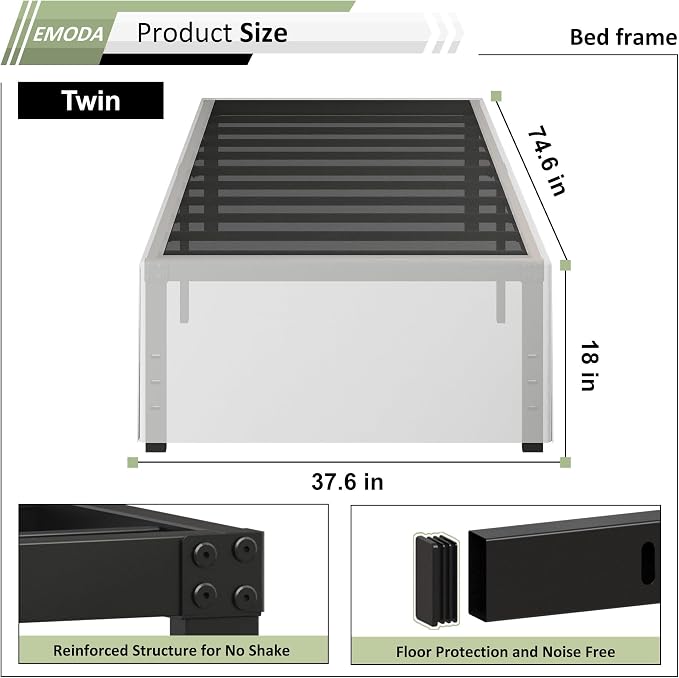 EMODA 18 Inch Twin Bed Frames with White Cover Skirt, Heavy Duty Metal Twin Platform Bed Frame No Box Spring Needed, Noise Free, Easy Assembly