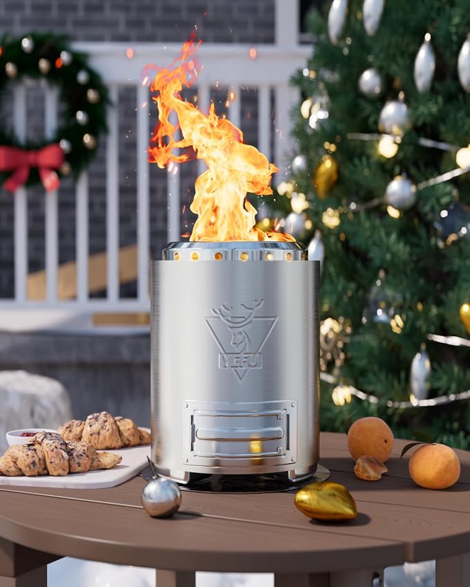 YEFU Tabletop Fire Pit 9.7 x 7.1 in, Flame Intensity Control Camping Stove for Outdoor & Patio, Fueled by Pellets or Wood, Safe Burning Table Top Firepit, with Travel Bag & 2 Mini Sticks, Silver