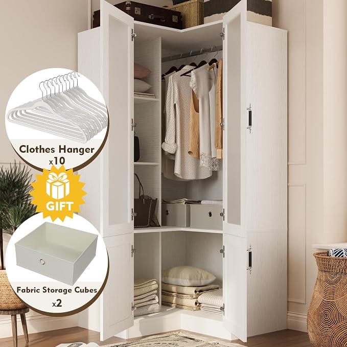 MEISSALIVVE L-Shape Armoire Wardrobe Closet with Frosted Glass Door, 70.9''H Bedroom Clothing Storage Cabinet with Hanging Rod, Adjustable Shelves, Clothes Wardrobe Armoire for Bedroom, Wood Grain