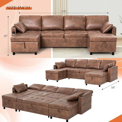 110 inches Suede Leather Sleeper Sofa w/Pull Out Bed, U-Shape Sectional Sofa Bed w/Adjustable Backrest and Storage Chaises, 4-Seats Upholstered Sofa Bed w/USB Port for Living Room, Brown