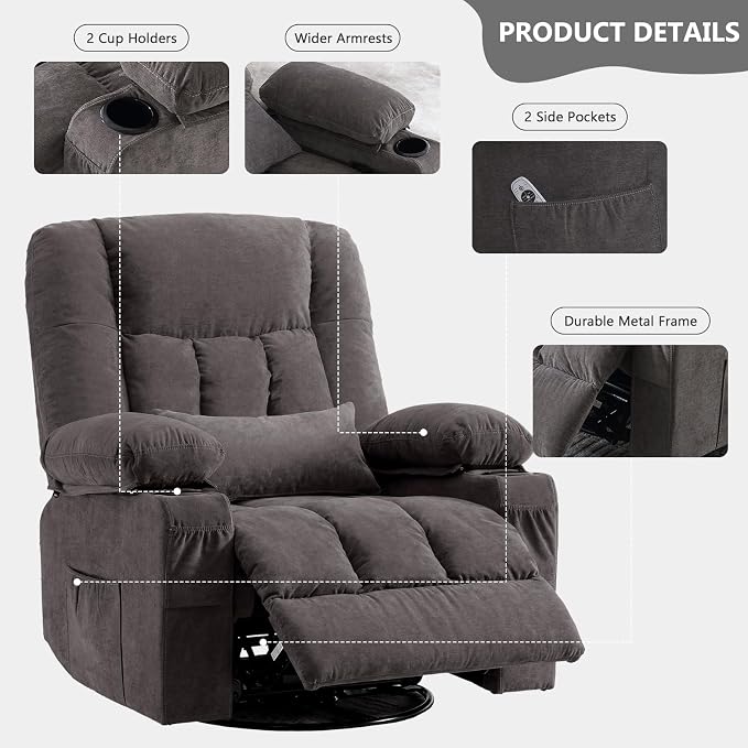 Swivel Rocker Recliner Chair with Vibration Massage and Heat Ergonomic Lounge Chair for Living Room with Rocking Function and Side Pocket, 2 Cup Holders, USB Charge Port