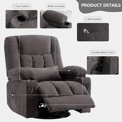 Swivel Rocker Recliner Chair with Vibration Massage and Heat Ergonomic Lounge Chair for Living Room with Rocking Function and Side Pocket, 2 Cup Holders, USB Charge Port