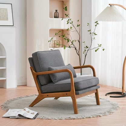 Bonnlo Linen Dark Grey Mid Century Modern Accent Chair, Soild Wood Padding Lounge Armchairs Side Sitting Chairs for Living Room, Bedroom, Guest Room