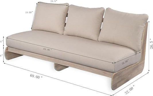 Merax Outdoor Acacia Wood Sofa with All-Weather Cushions, Patio Low 3-Seater Lounge Sofa for Porch, Lawn, Backyard, Balcony, Antique Gray White +Off White