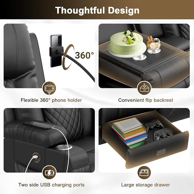 YONISEE 4 Seat Recliner Sofa with Flip Backrest Design, Loveseat Reclining Sofa with Storage Drawer, USB Ports, 2 Cell Phone Holder, Loveseat Recliner Couch for Living Room (Dark Gray)