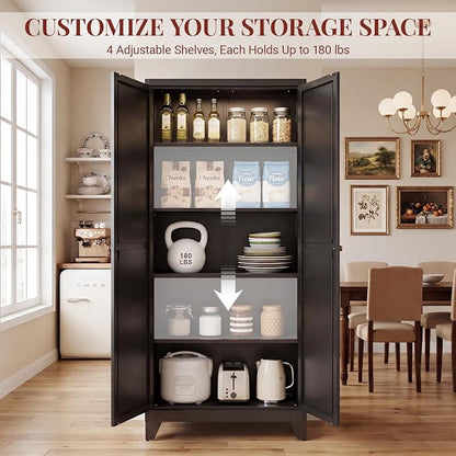 71" Metal Kitchen Pantry Cabinet with Dual Handles & Adjustable Legs, Freestanding Storage Cabinet with Doors and 4 Adjustable Shelves, Tall Food Pantry for Kitchen Dining Room, Black