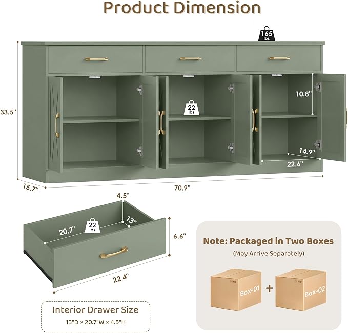 HOSTACK 71" Large Sideboard Buffet Cabinet with Storage, Farmhouse Coffee Bar Cabinet with 3 Drawers, Long Kitchen Buffet Table, Kitchen Sideboard Storage Cabinet for Dining Room, Living Room, Green