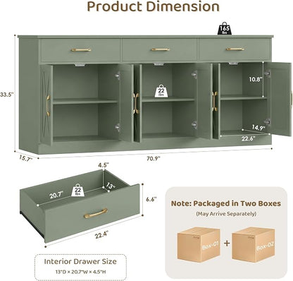 HOSTACK 71" Large Sideboard Buffet Cabinet with Storage, Farmhouse Coffee Bar Cabinet with 3 Drawers, Long Kitchen Buffet Table, Kitchen Sideboard Storage Cabinet for Dining Room, Living Room, Green