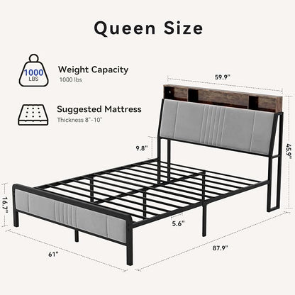 BedsPick Queen Bed Frame with Ergonomic Headboard, Upholstered Metal Platform Bed Queen Size with 2-Tier Storage, Charging Station, Smart LED Lights, Easy Assembly, No Box Spring Needed, Gray