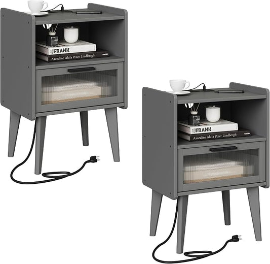 MMEOLUOOK Nightstand with Charging Station, Bedside Tables Set of 2, End Table Side Table with 2 Tiers Storage Space, for Bedroom, Living Room, Grey MLBZ07ZEV-2