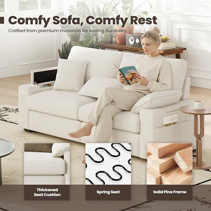 MALOL 76" Loveseat Couch, 3 Seater Upholstered Midcentury Mondern Love Seat with USB Type C Ports, 4 Pillows and Storage Armrest Cloud Foam Sofa for Living Room/Small Spaces, Beige | Breathable material