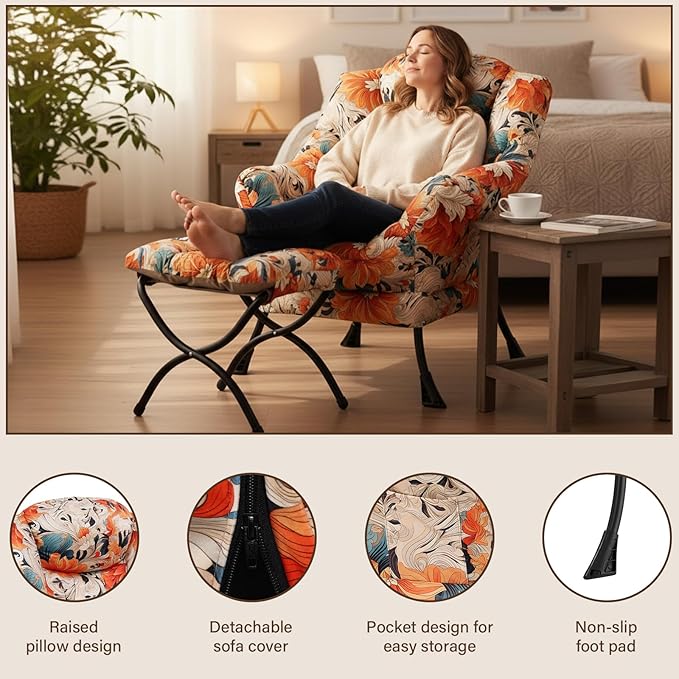 Welnow Lazy Chair with Ottoman, Modern Accent Chair with Armrests and a Side Pocket, Leisure Sofa Armchair Set, Reading Armchair with Footrest for Small Space, Orange Blue
