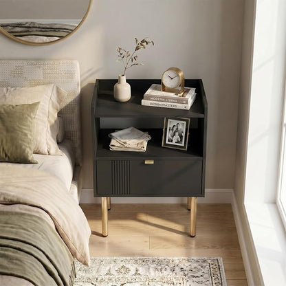 Black Mid-Century Modern Nightstand, End Table with Drawer & Open Shelf | Sturdy metal legs, space-saving for small rooms, quick assembly, raised anti-slip edge, fits bedroom dorm living room