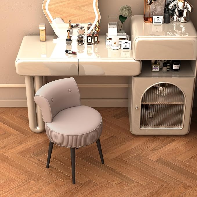 Vanity Chair with Back, Velvet Stool with Low Backrest & Silver Nailhead Trim, Round Vanity Seat for Bedroom and Bathroom Makeup, Support 220lbs, Easy Assembly (Pink)