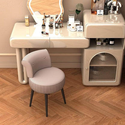 Vanity Chair with Back, Velvet Stool with Low Backrest & Silver Nailhead Trim, Round Vanity Seat for Bedroom and Bathroom Makeup, Support 220lbs, Easy Assembly (Pink)