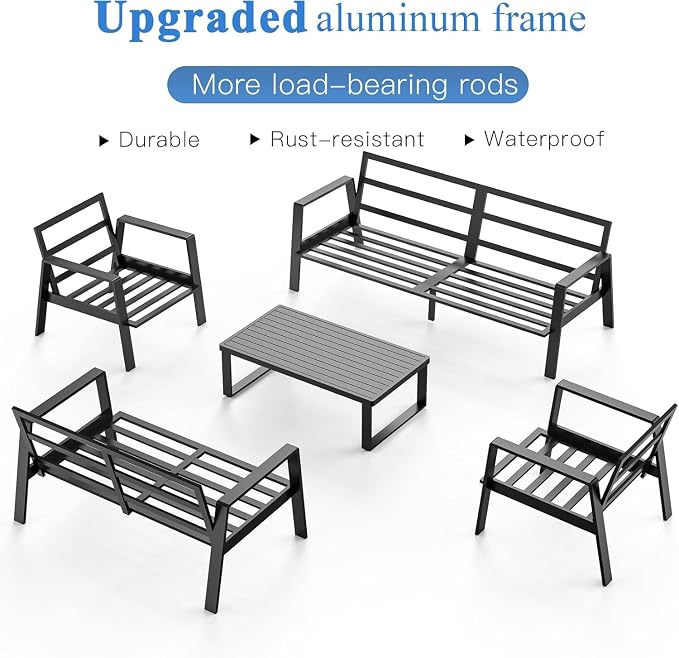 Aluminum Outdoor Patio Furniture Set, 5 Piece Sectional Coversation Sets with Coffee Table, Modern Outdoor Sofa Couch with Thick Cushions for Porch, Balcony, Garden, Dark Gray