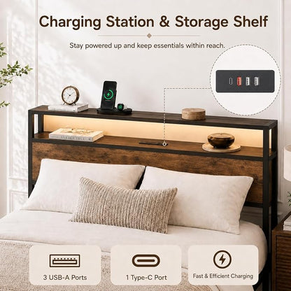 Zevemomo Queen Size Bed Frame with Storage Drawers, Bed Frame Queen Size with Headboard, LED Light, Charging Station with 3 USB Ports & 1 Type-C Port, Noiseless, Rustic Brown